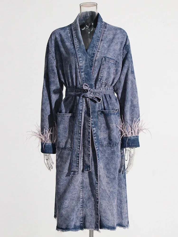Peyton Feather Cuff Midi Denim Coat