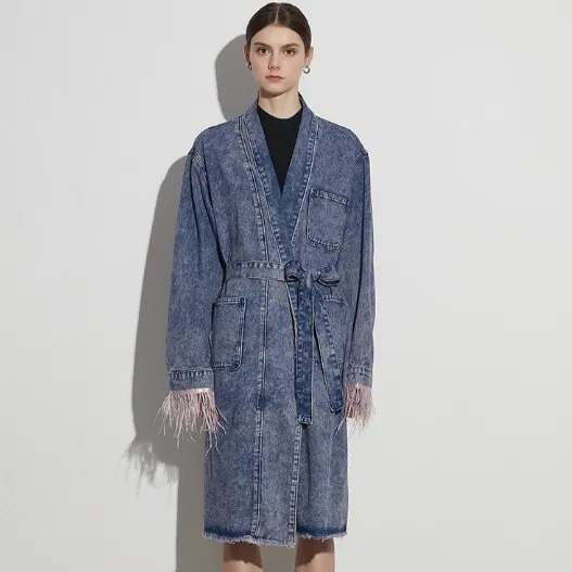 Peyton Feather Cuff Midi Denim Coat