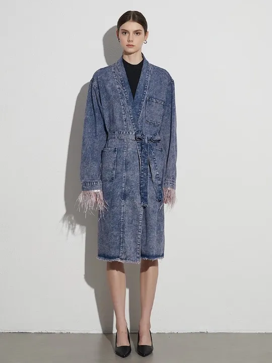 Peyton Feather Cuff Midi Denim Coat