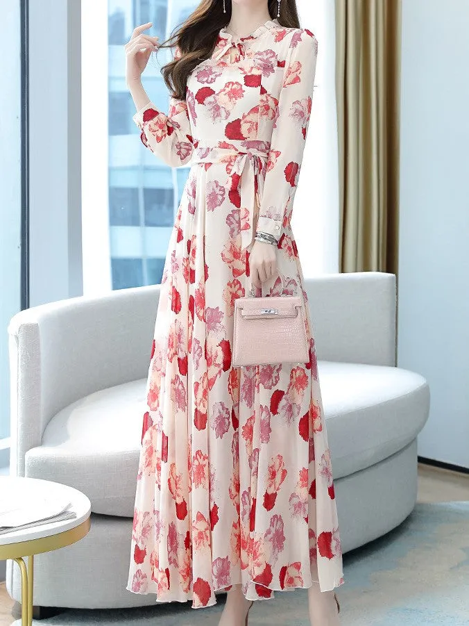 Pink A-Line Maxi Dress With Waist Belt