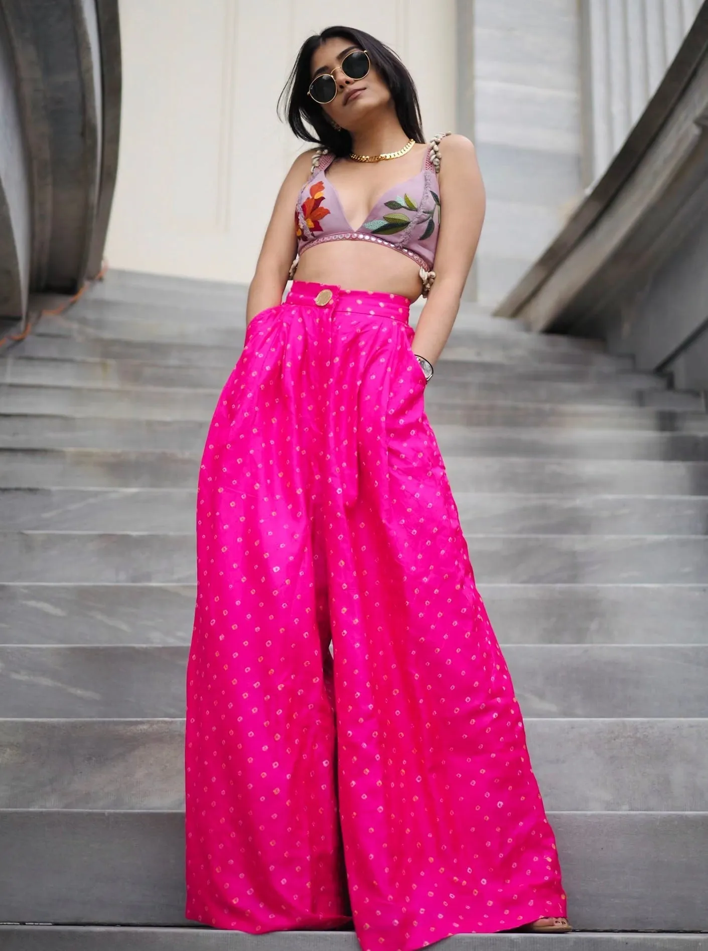 Pink Bandhani Silk Trousers With Lilac Bralette