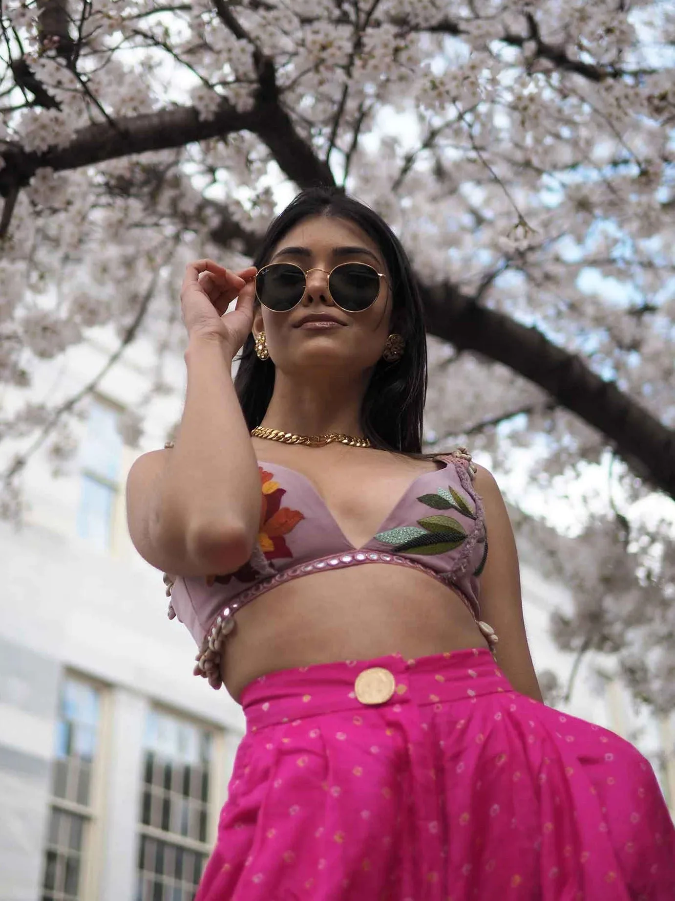 Pink Bandhani Silk Trousers With Lilac Bralette