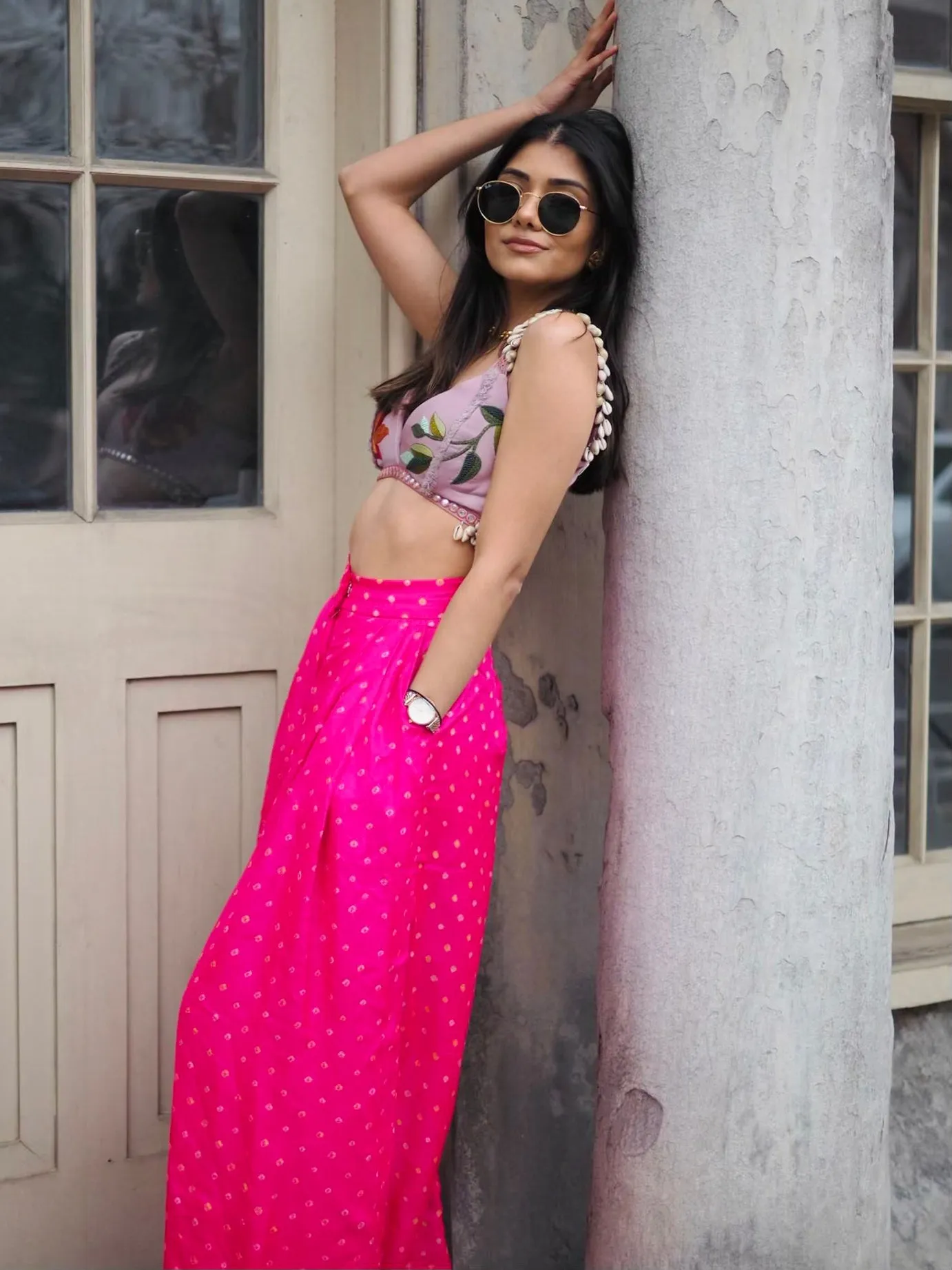 Pink Bandhani Silk Trousers With Lilac Bralette
