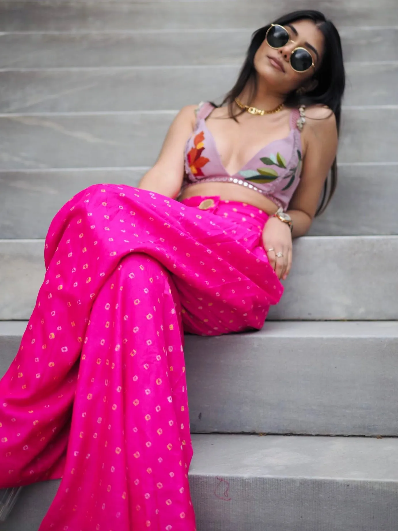 Pink Bandhani Silk Trousers With Lilac Bralette