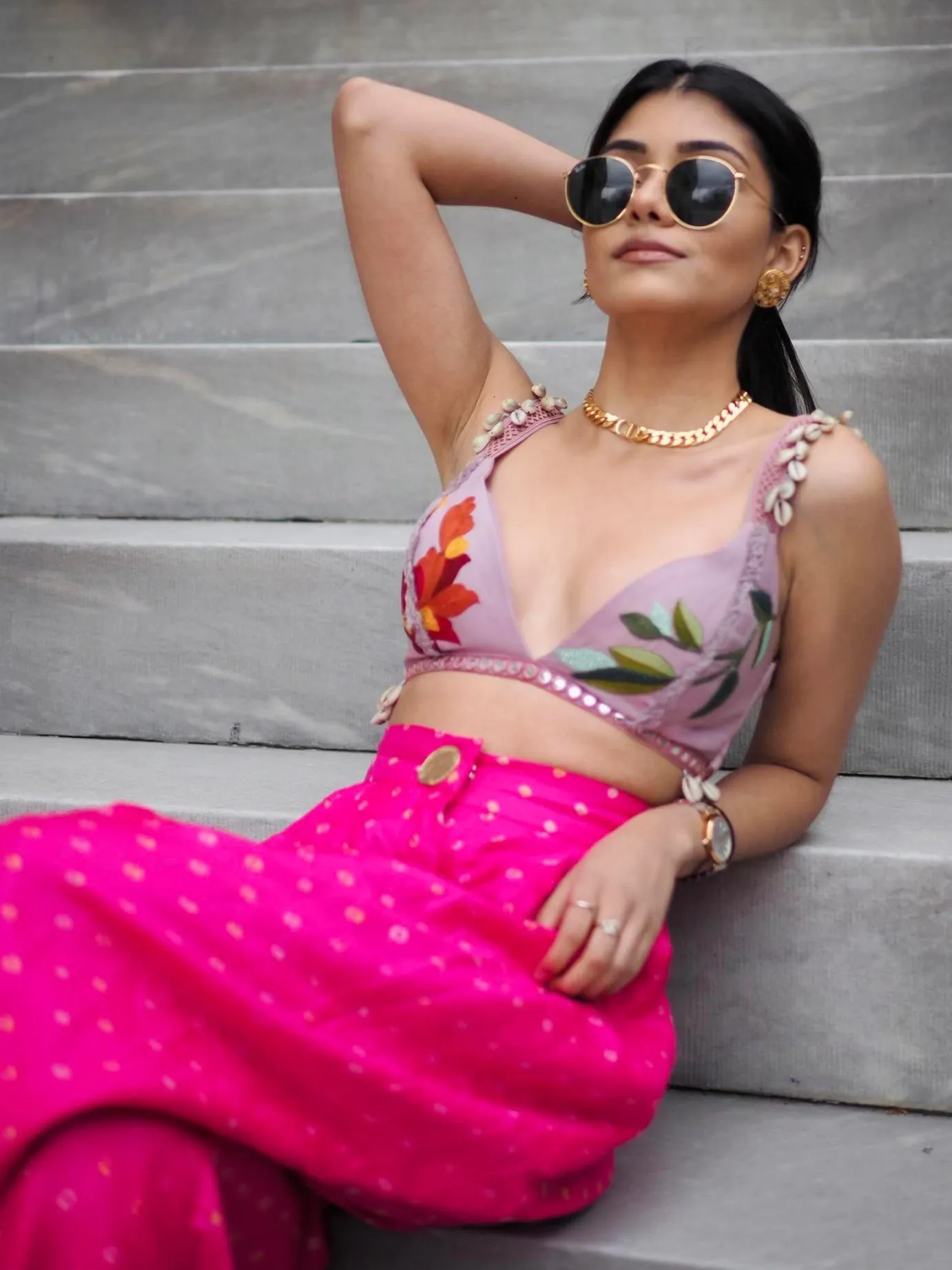 Pink Bandhani Silk Trousers With Lilac Bralette