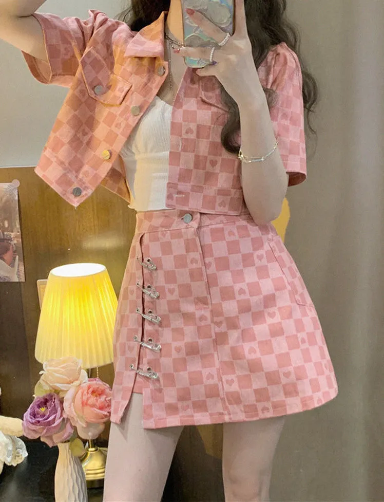 Plaid Heart Top & Skirt Set