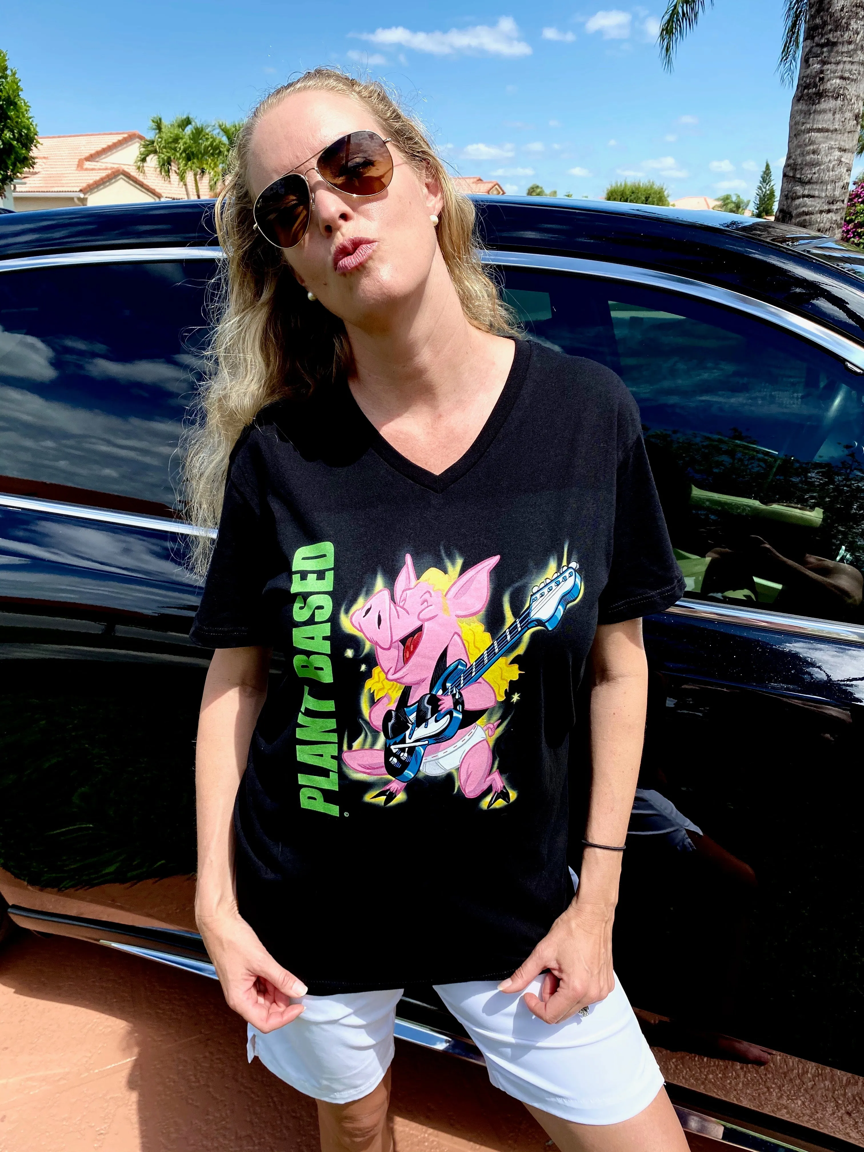 Plant Based Pig Rocker Short Sleeve V Neck Unisex T-Shirt | 100% Cotton | Vertical type