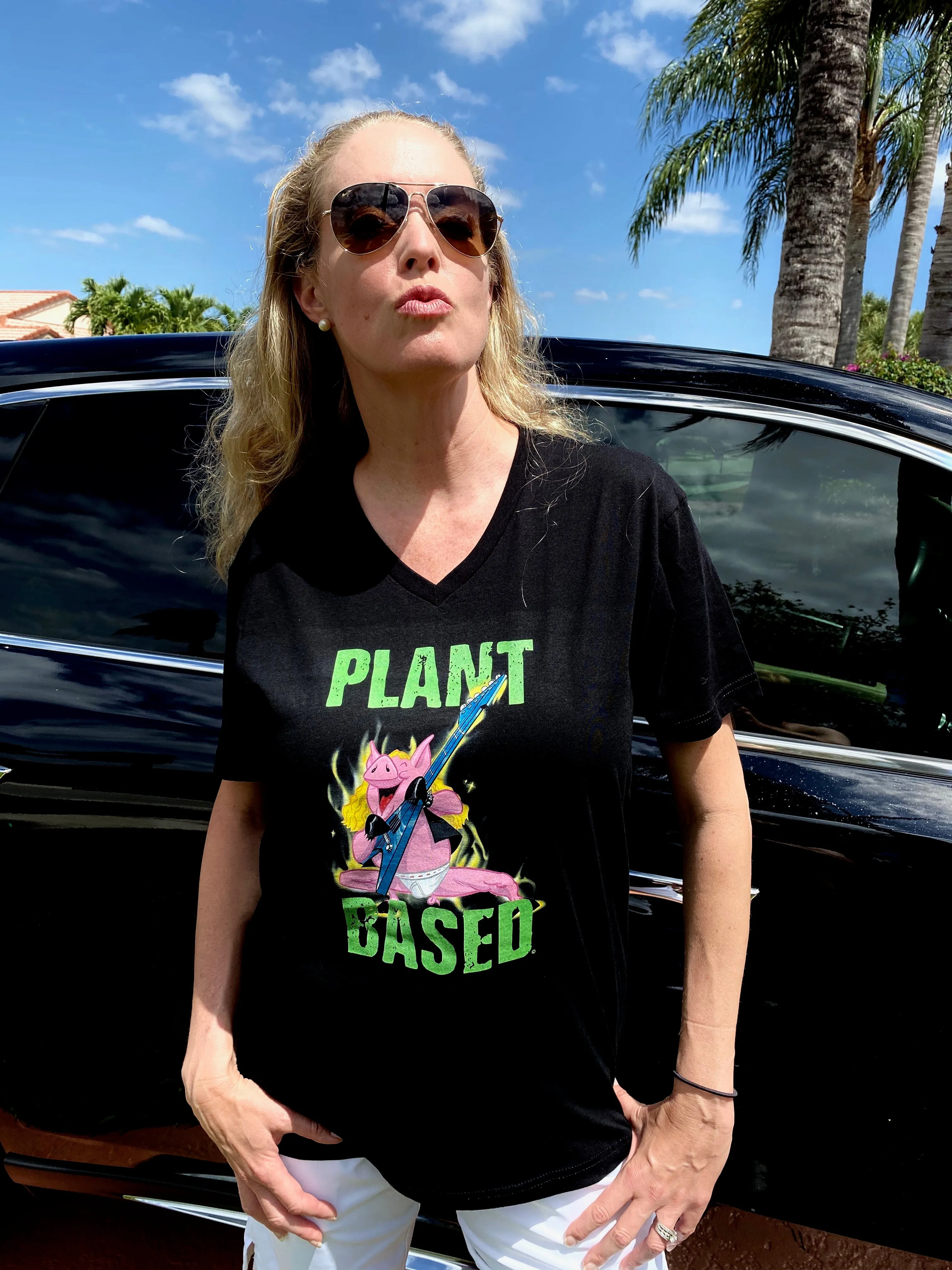 Plant Based Pig Rocker Short Sleeve V Neck Unisex T-Shirt | 100% Cotton | Vertical type