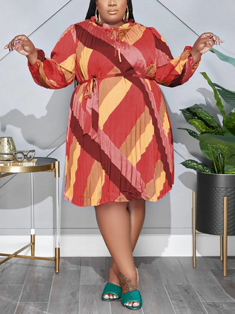 Pleated Tie Neck Ruched Belt Dress
