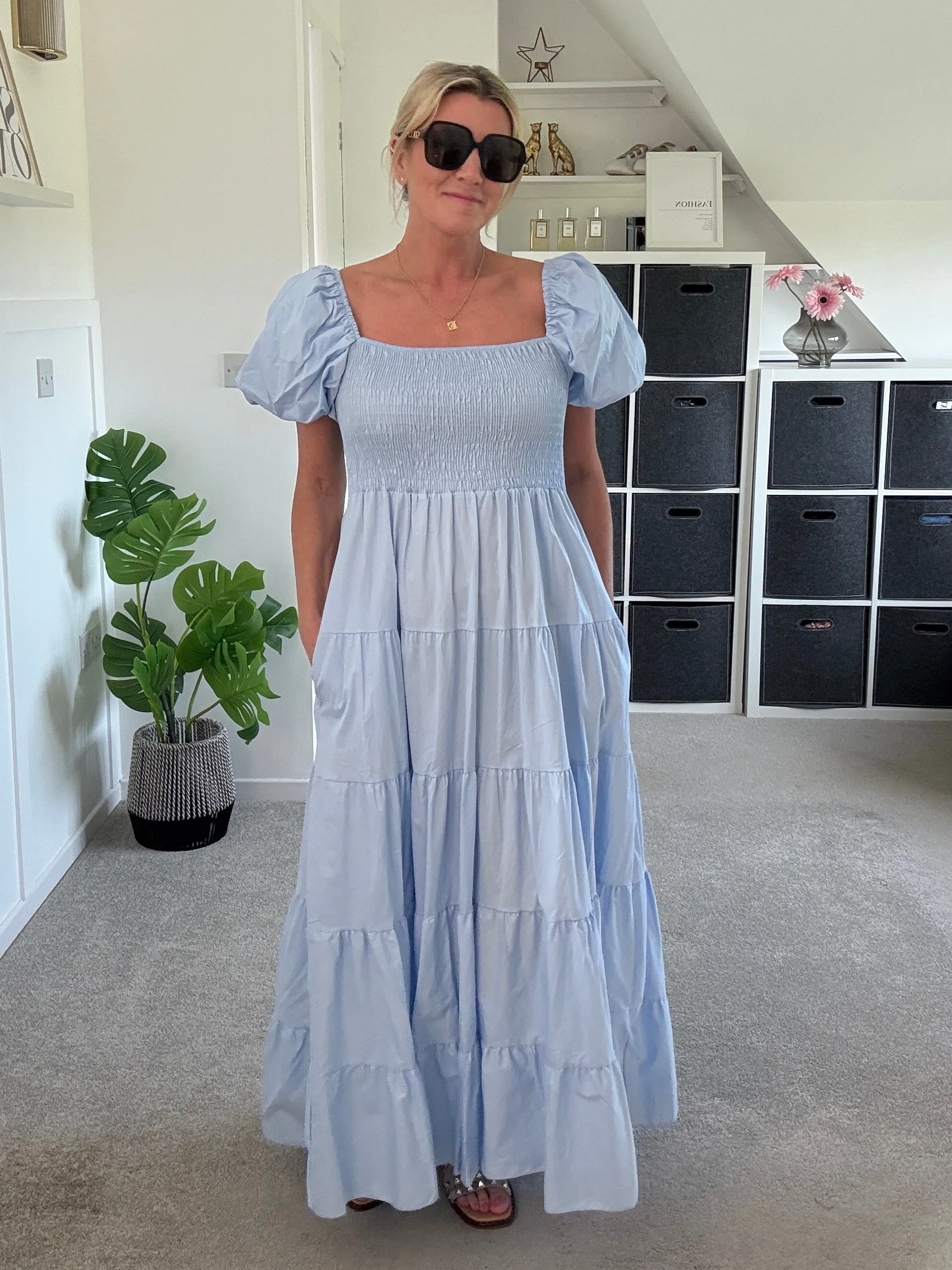 Powder Blue Puff Shoulder Maxi Dress