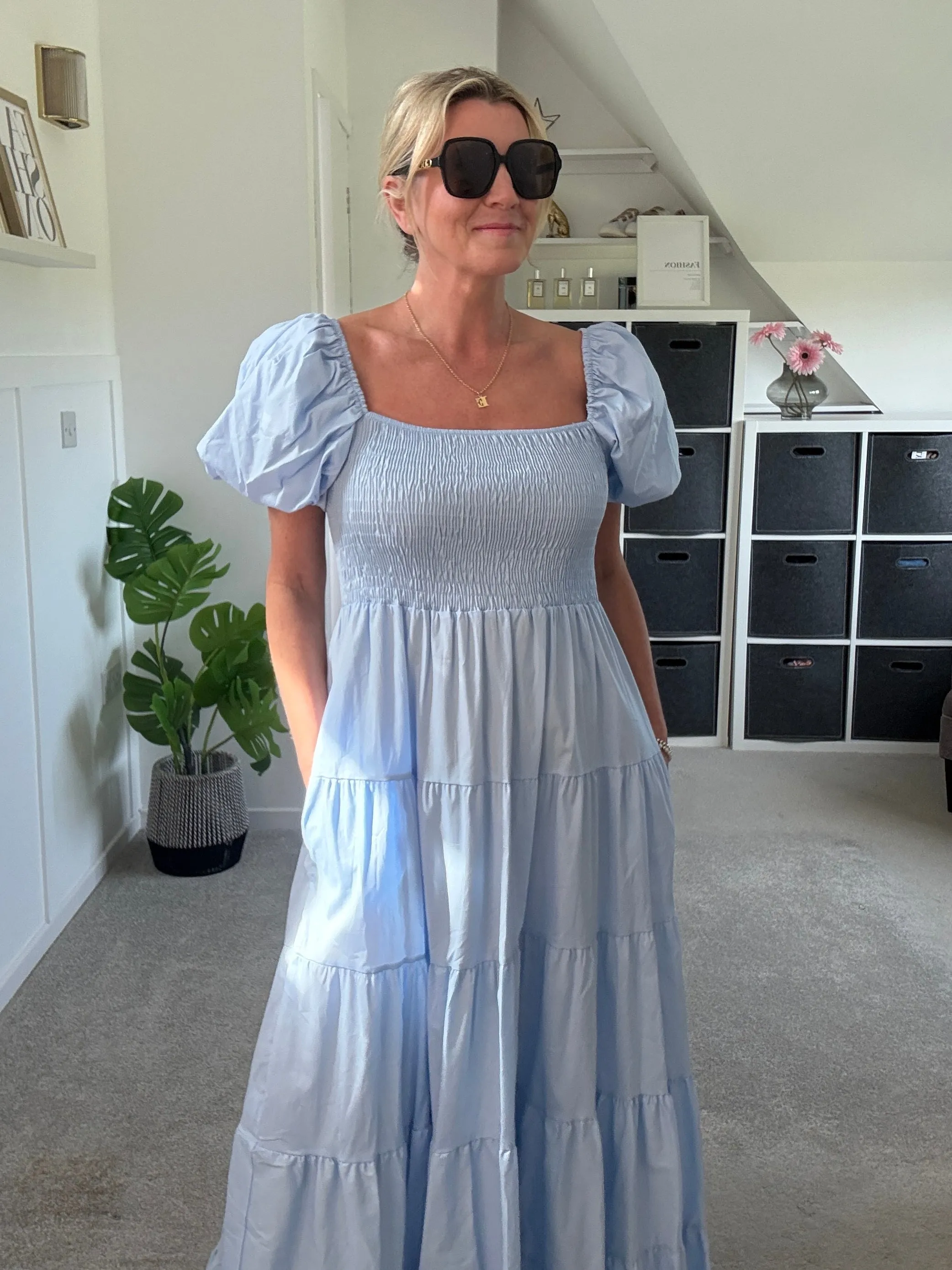 Powder Blue Puff Shoulder Maxi Dress