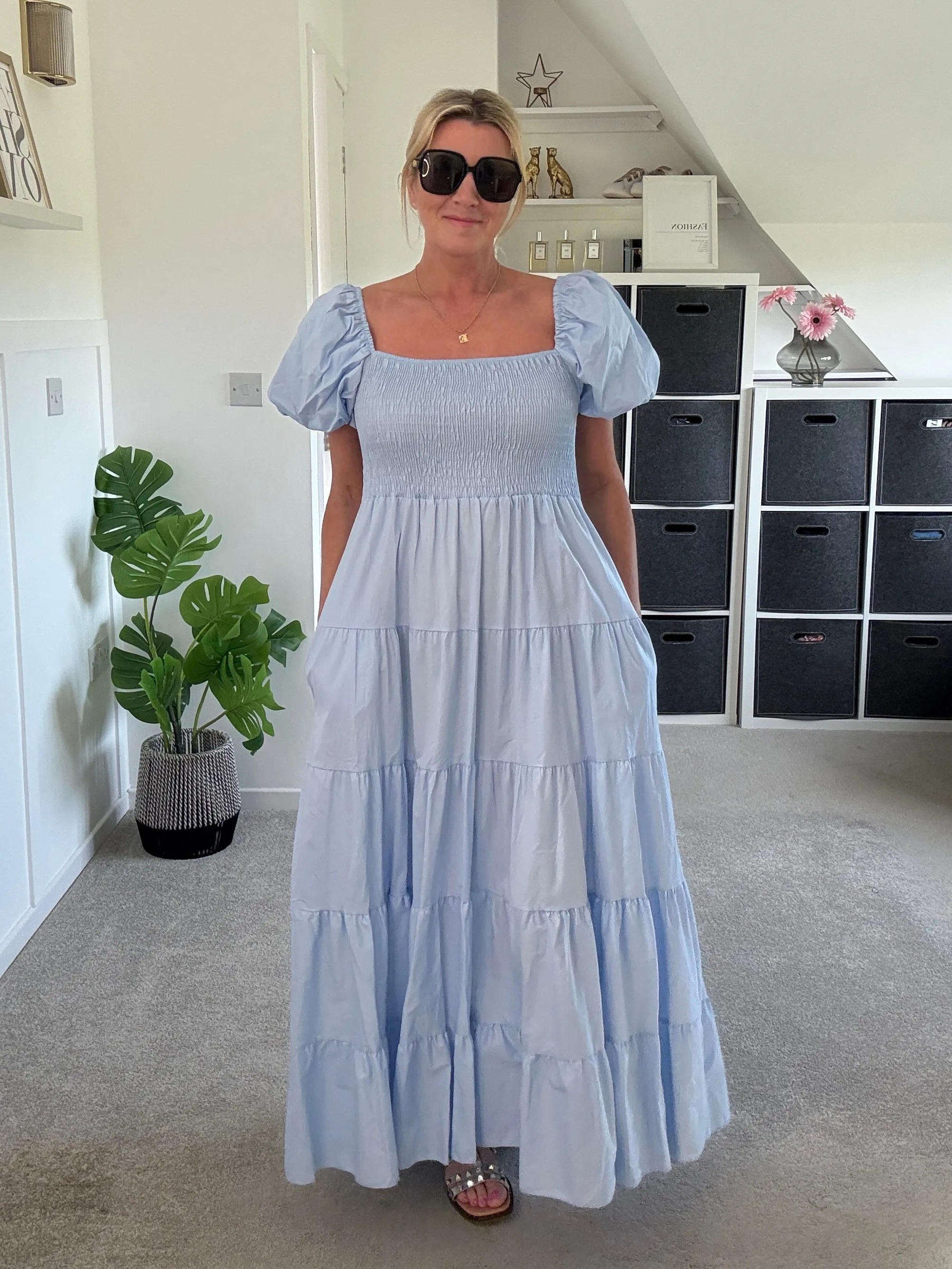 Powder Blue Puff Shoulder Maxi Dress