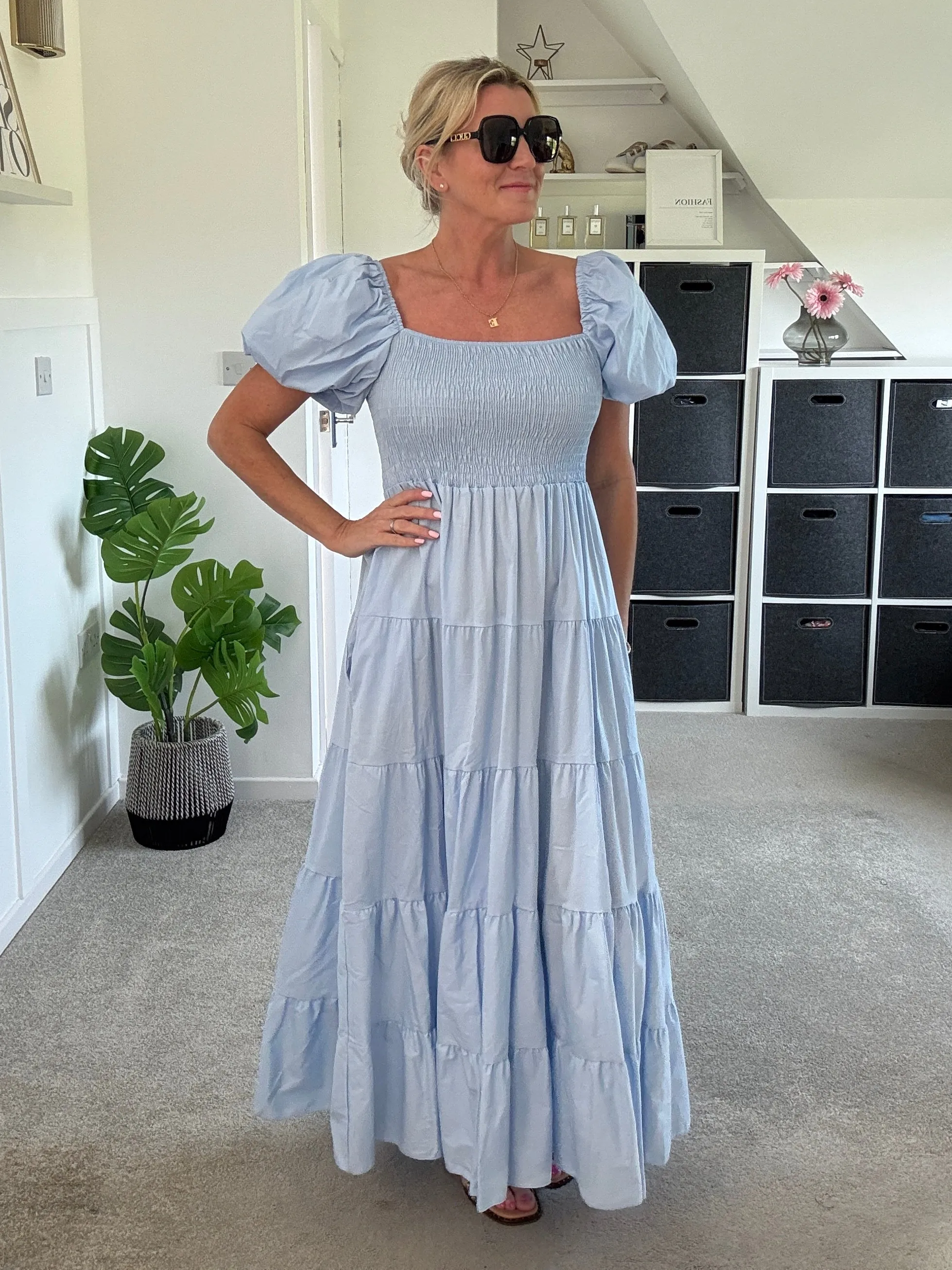 Powder Blue Puff Shoulder Maxi Dress