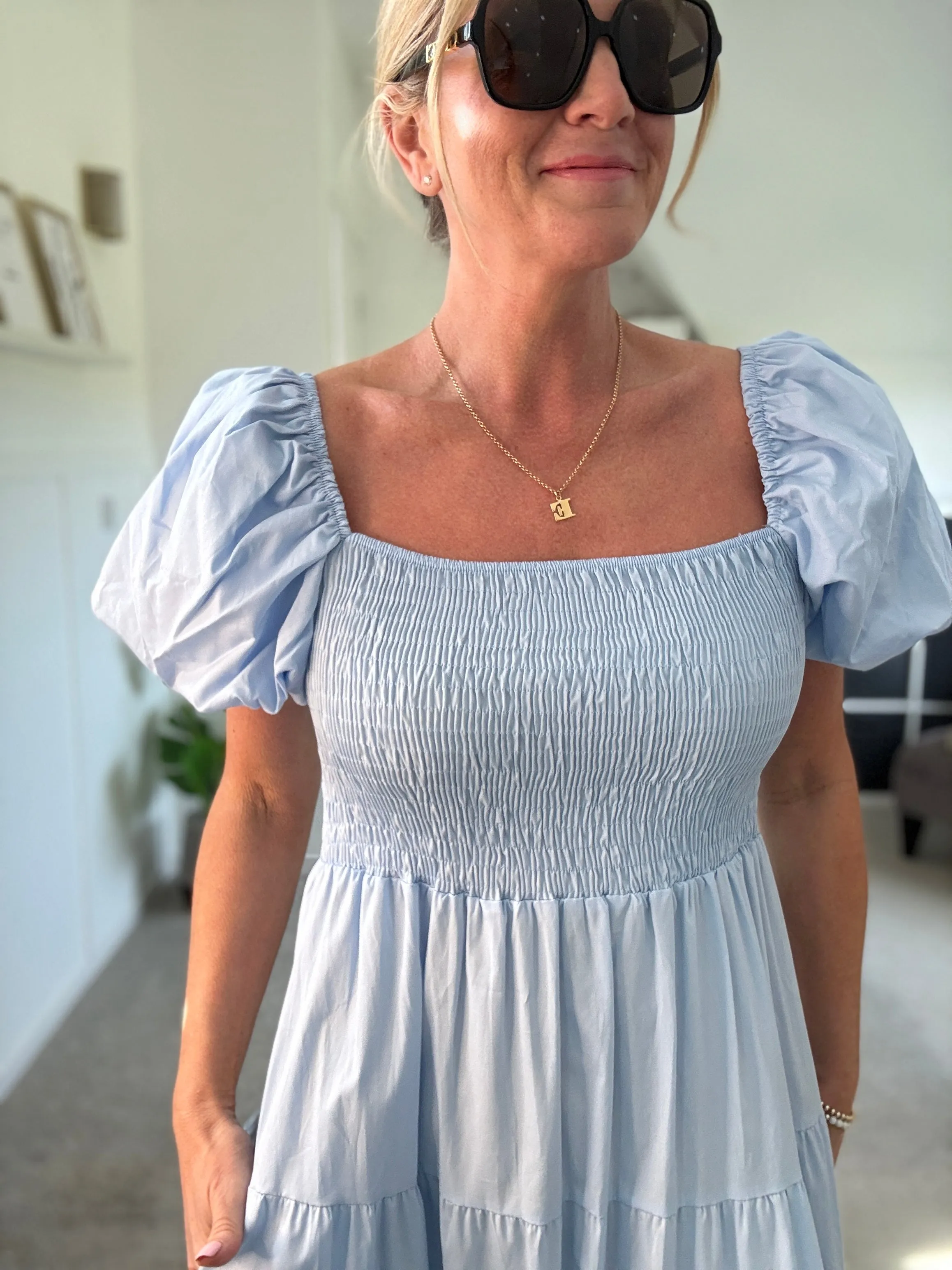 Powder Blue Puff Shoulder Maxi Dress