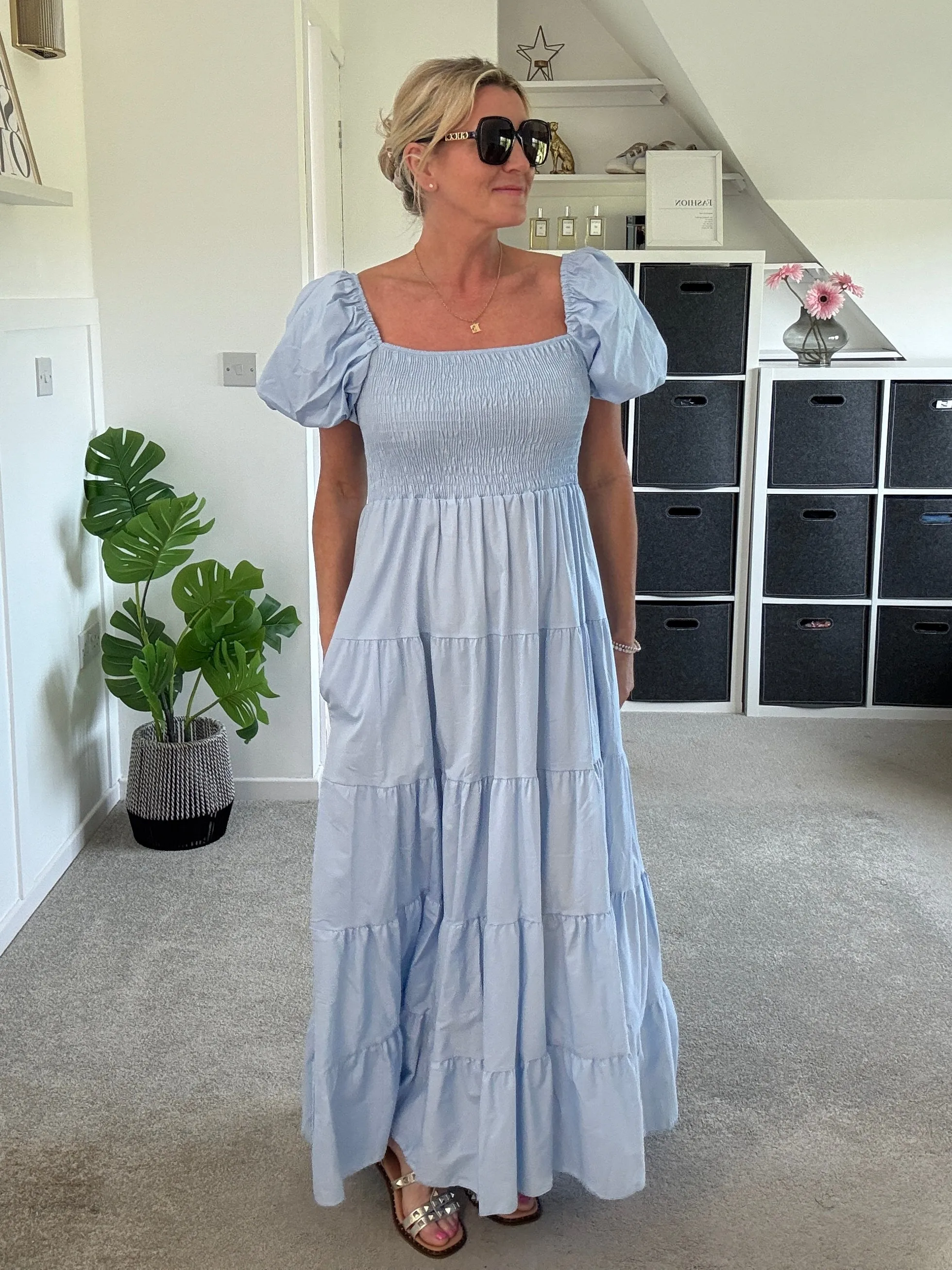 Powder Blue Puff Shoulder Maxi Dress