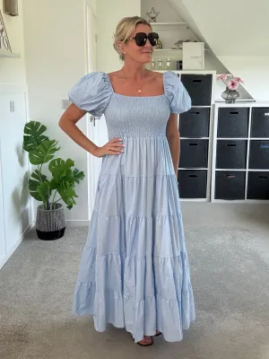 Powder Blue Puff Shoulder Maxi Dress