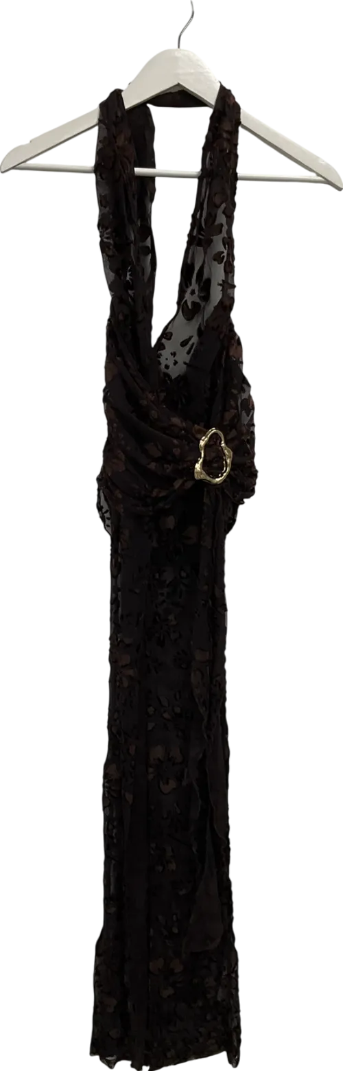 PrettyLittleThing Brown Sheer Devore Plunge Maxi Dress UK 10