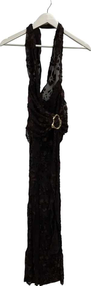 PrettyLittleThing Brown Sheer Devore Plunge Maxi Dress UK 10