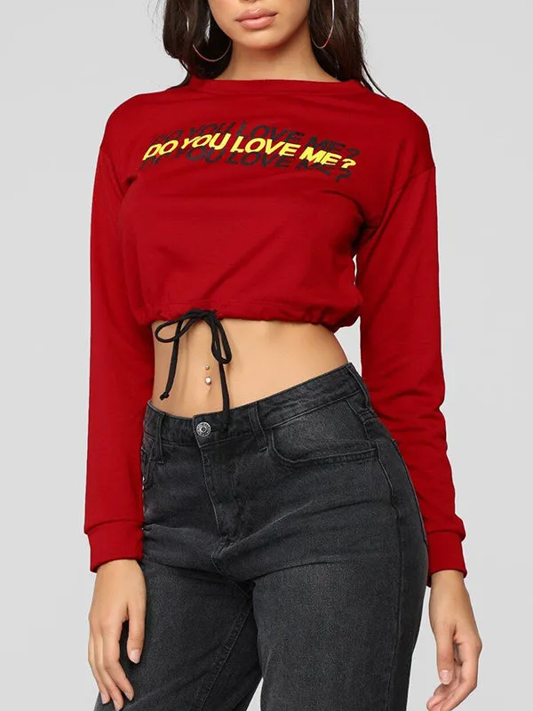 Printed English Drawstring Waist Lumbar Long Sleeve Short Top