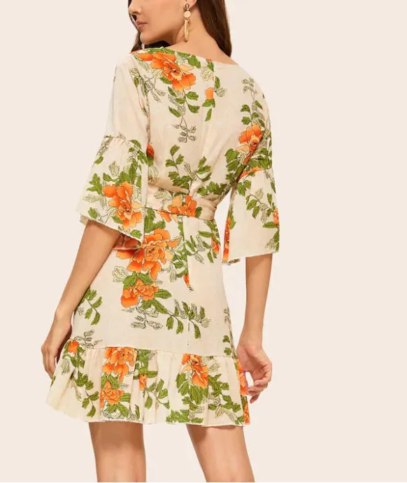 Printed Waist Flared Sleeve Ruffled Dress