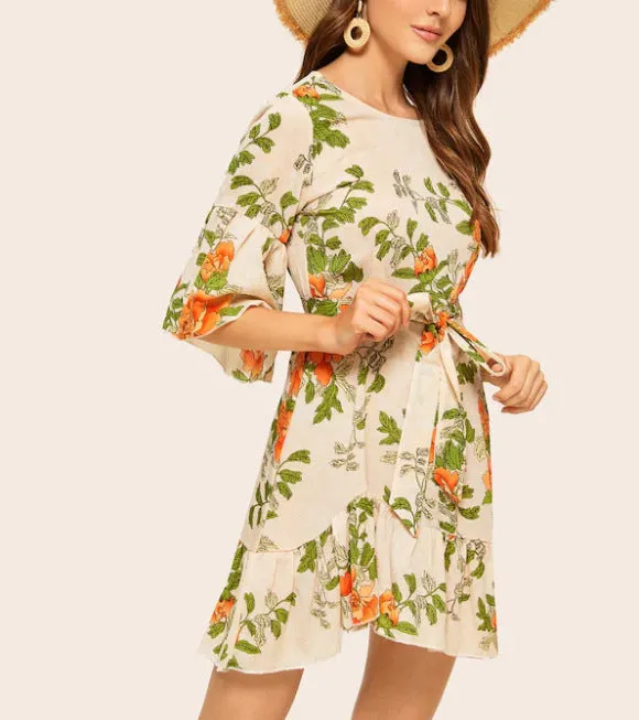 Printed Waist Flared Sleeve Ruffled Dress