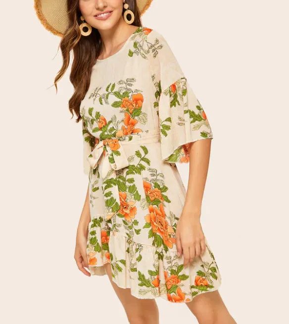 Printed Waist Flared Sleeve Ruffled Dress