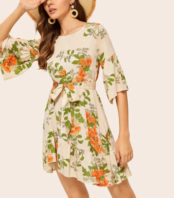 Printed Waist Flared Sleeve Ruffled Dress
