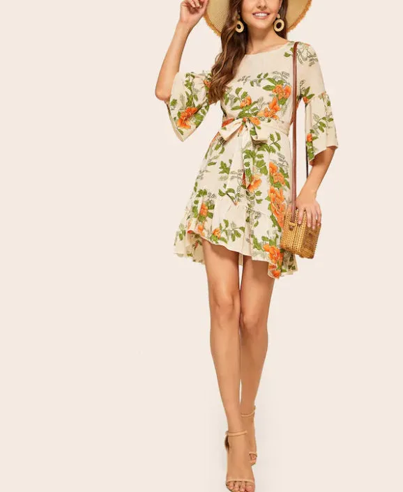 Printed Waist Flared Sleeve Ruffled Dress
