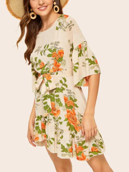 Printed Waist Flared Sleeve Ruffled Dress