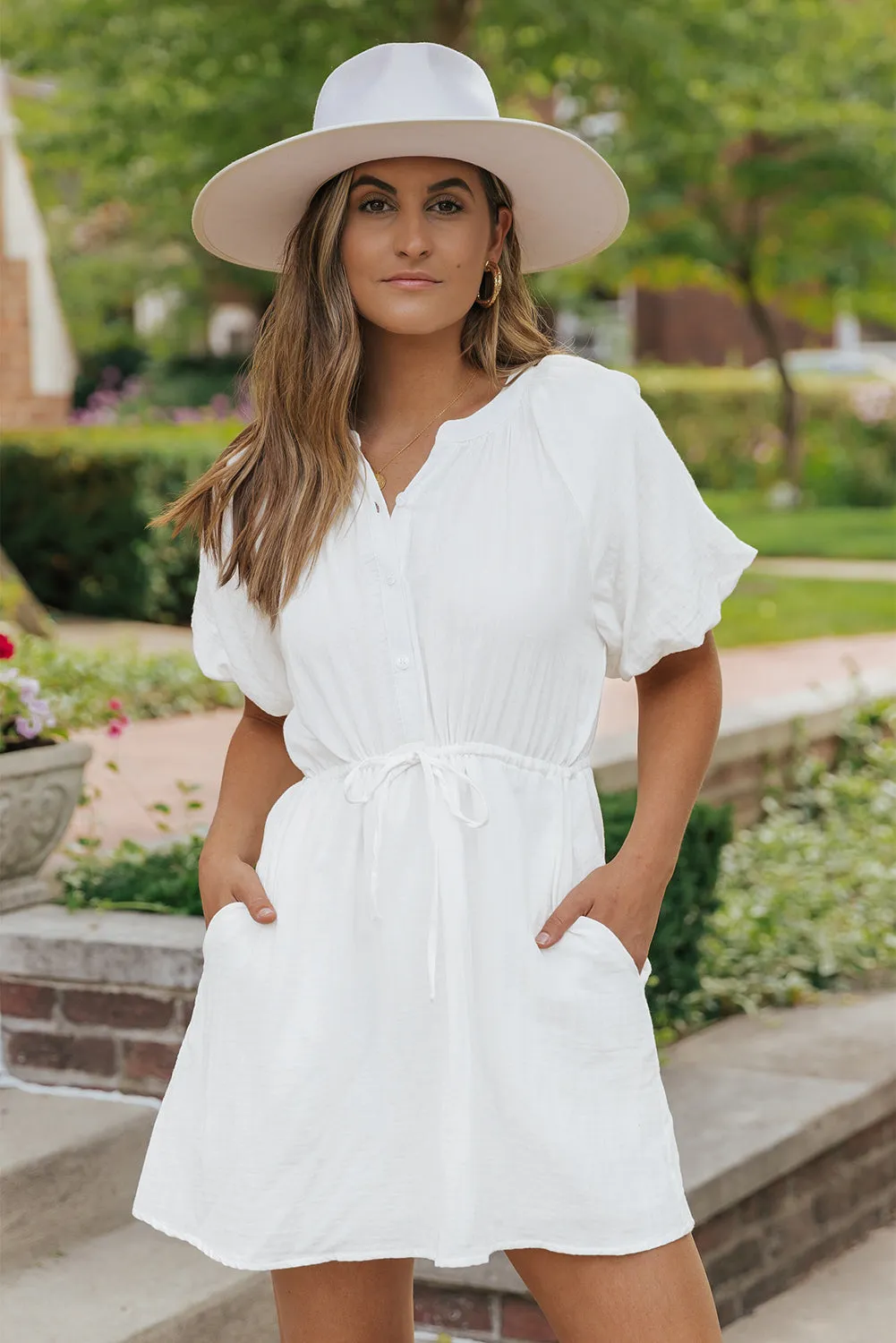 Puff Sleeve Drawstring Shirt Dress