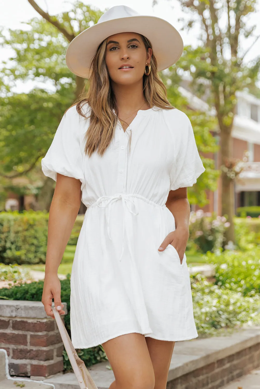Puff Sleeve Drawstring Shirt Dress
