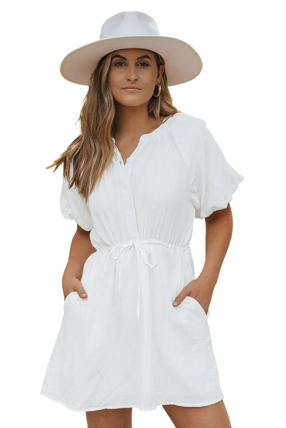 Puff Sleeve Drawstring Shirt Dress