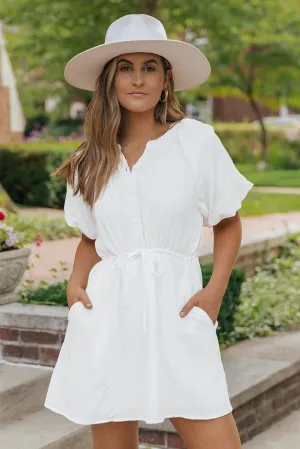 Puff Sleeve Drawstring Shirt Dress