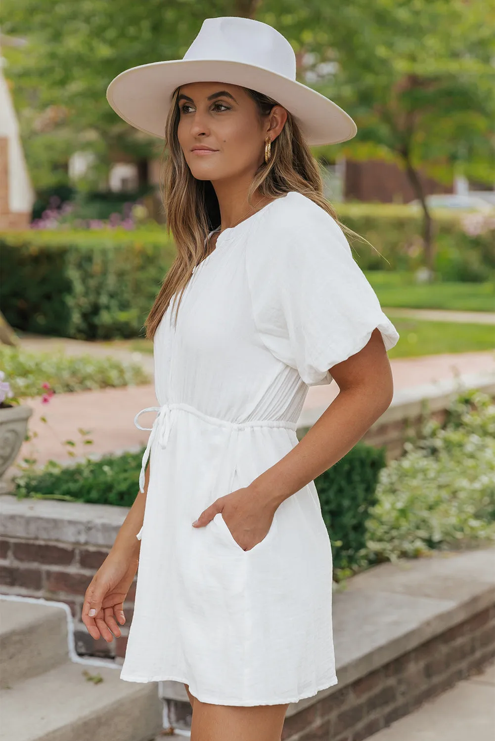 Puff Sleeve Drawstring Shirt Dress