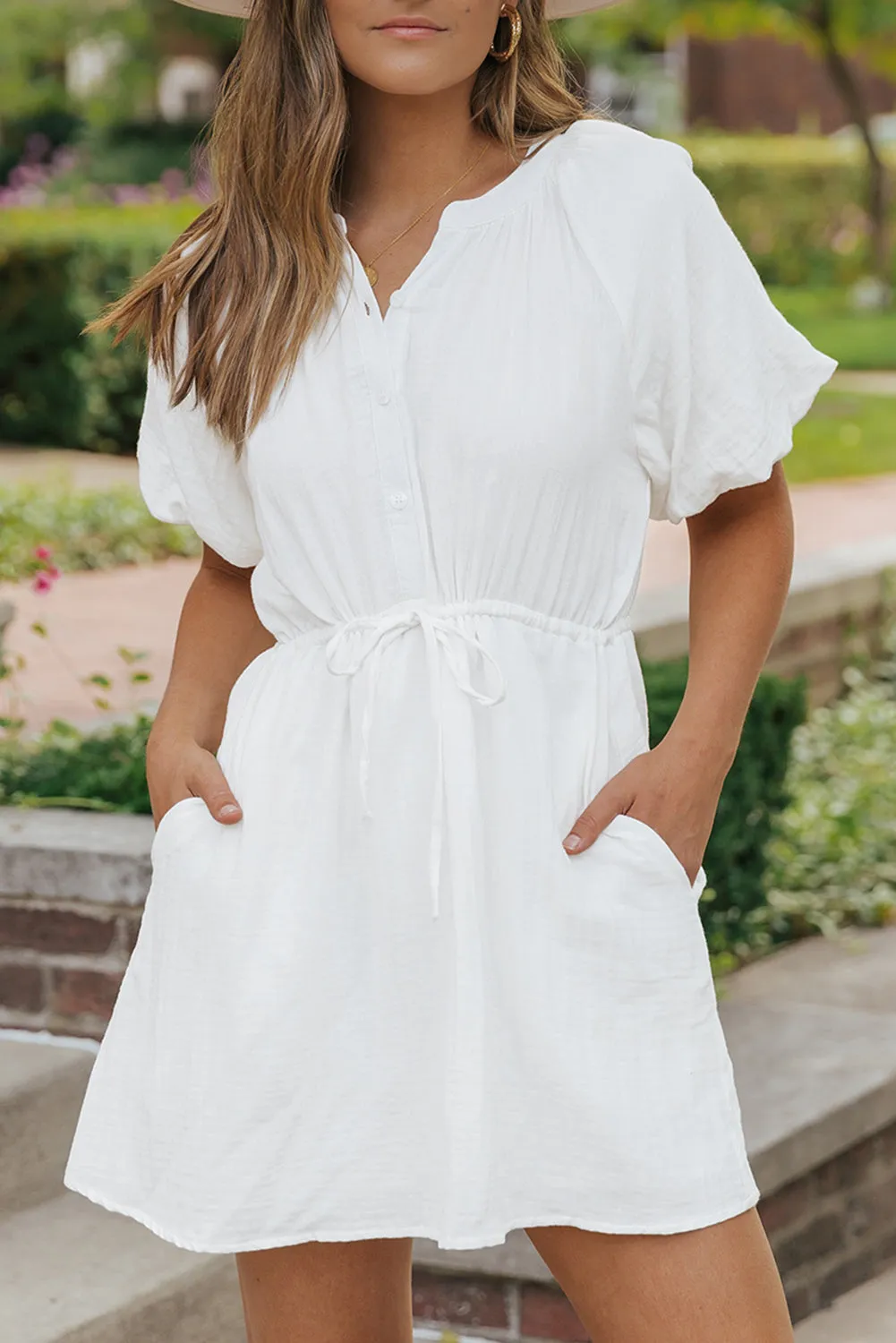 Puff Sleeve Drawstring Shirt Dress