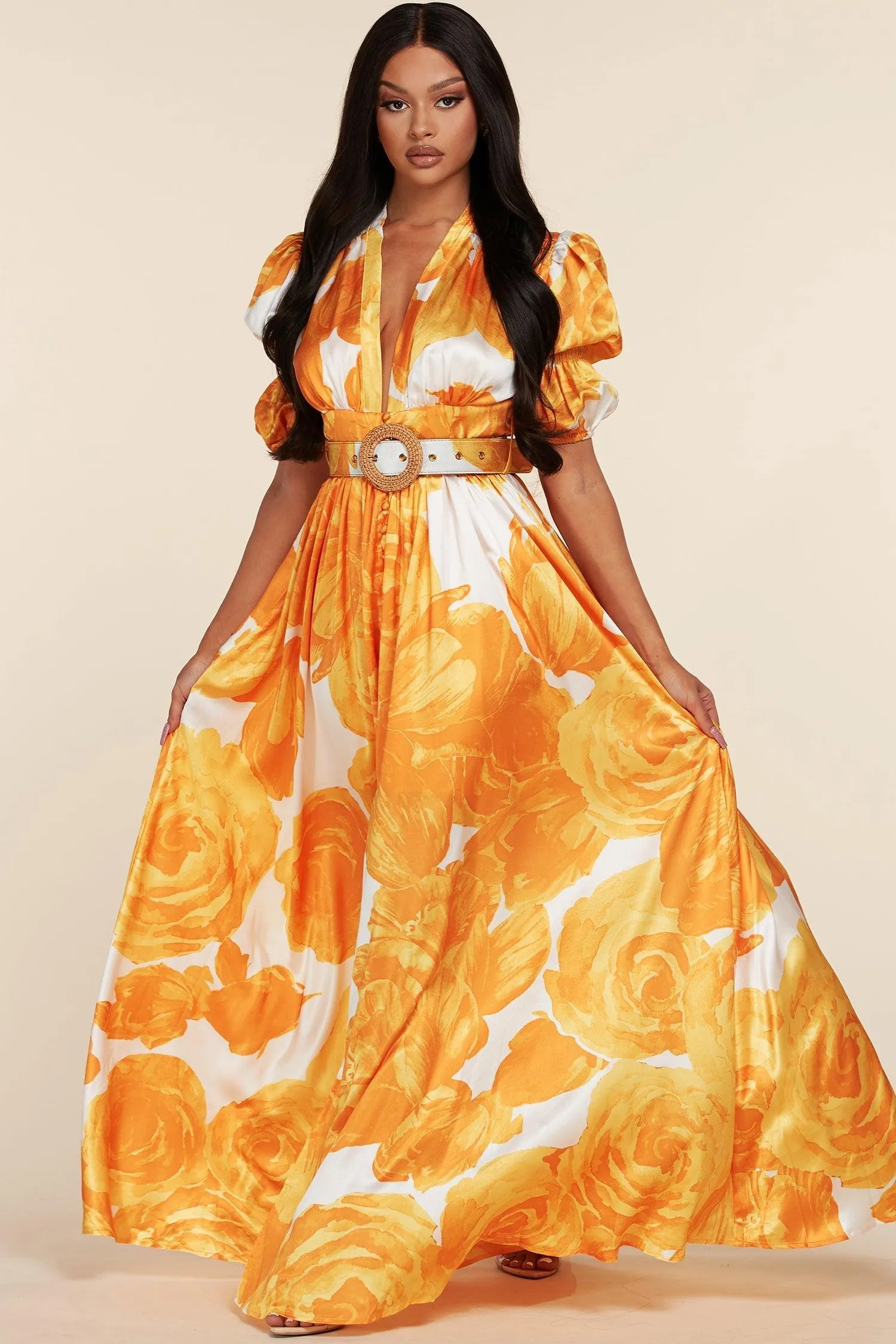 PUFF SLEEVE FLORAL ORANGIE MAXI DRESS