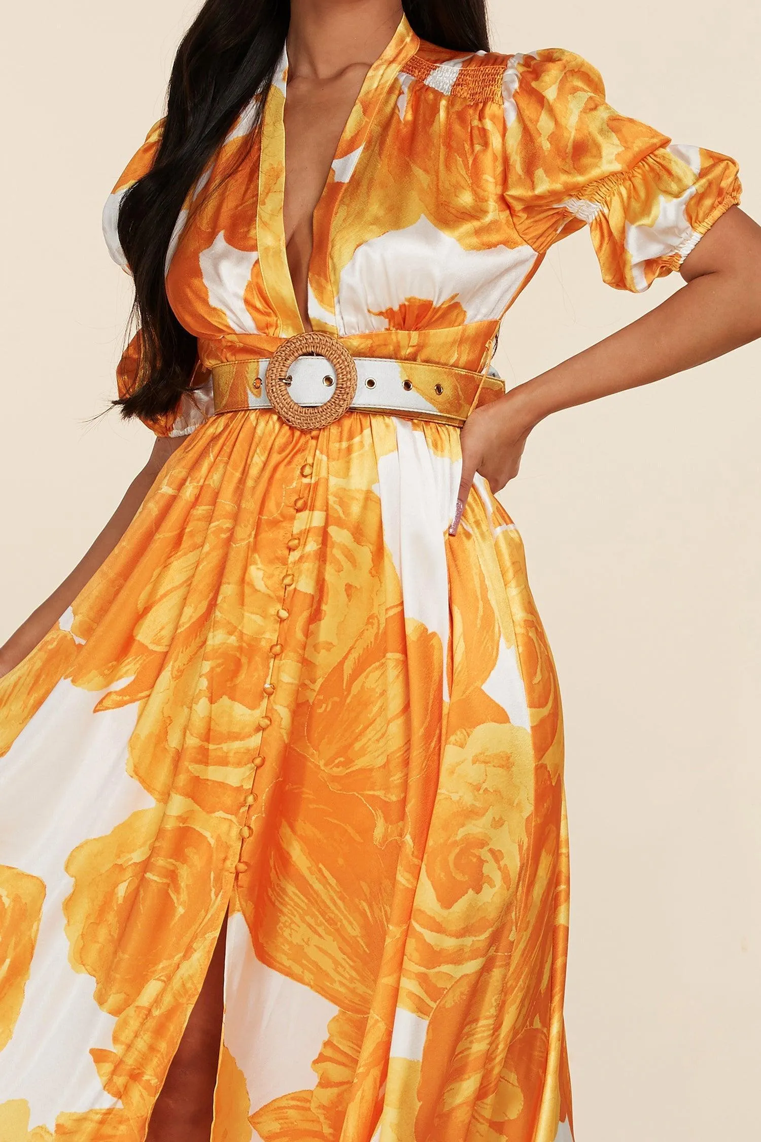 PUFF SLEEVE FLORAL ORANGIE MAXI DRESS