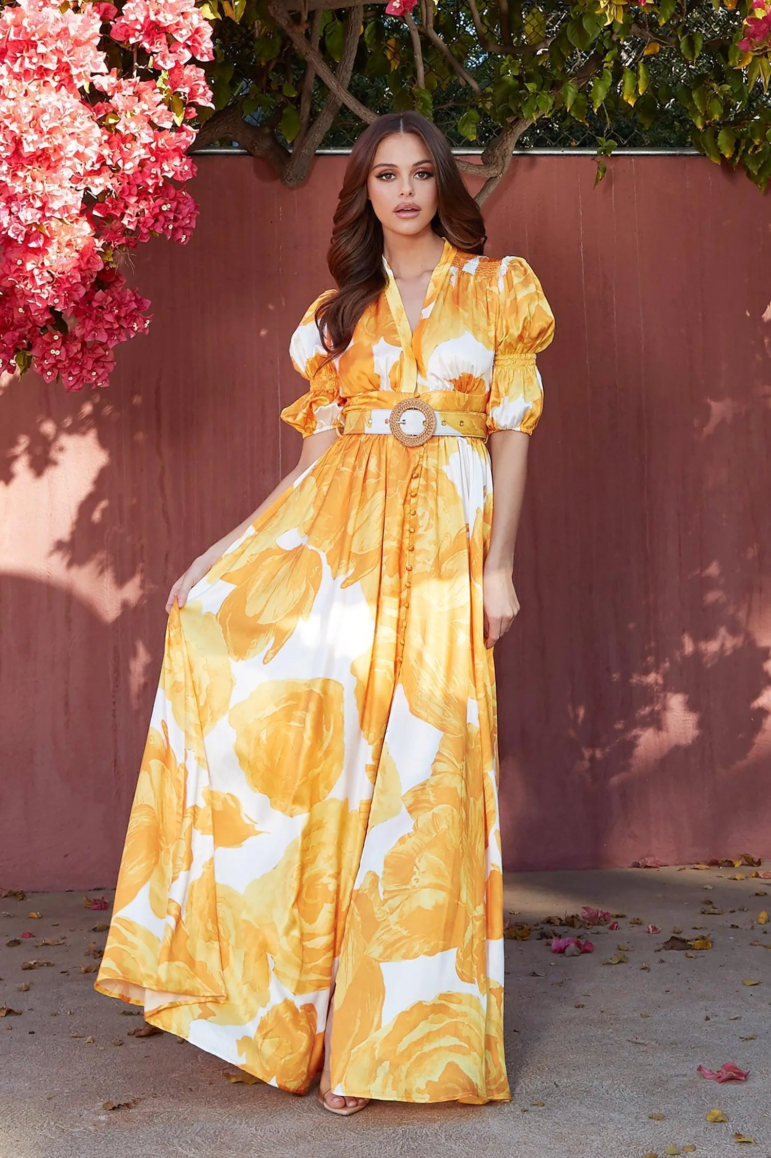 PUFF SLEEVE FLORAL ORANGIE MAXI DRESS