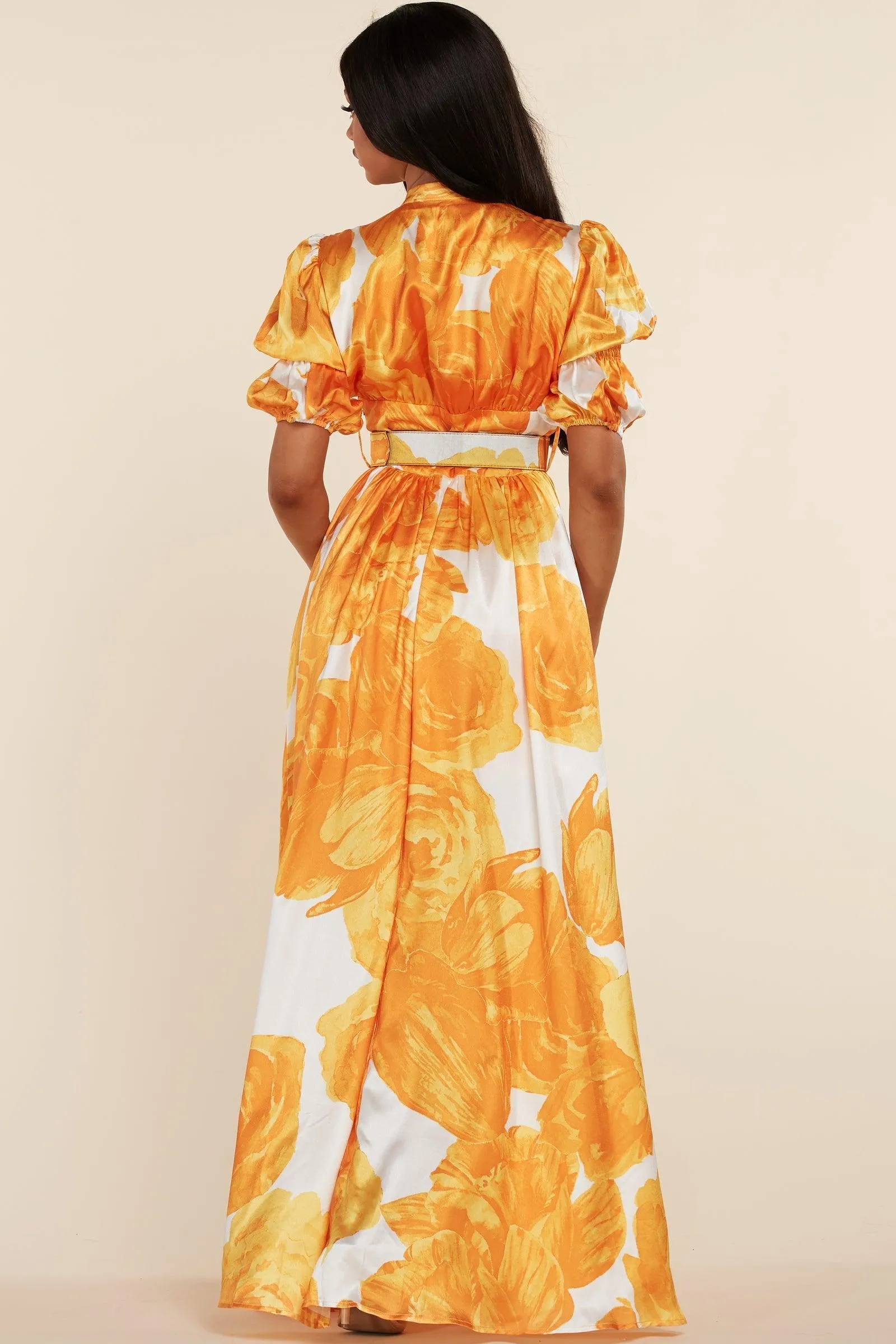 PUFF SLEEVE FLORAL ORANGIE MAXI DRESS
