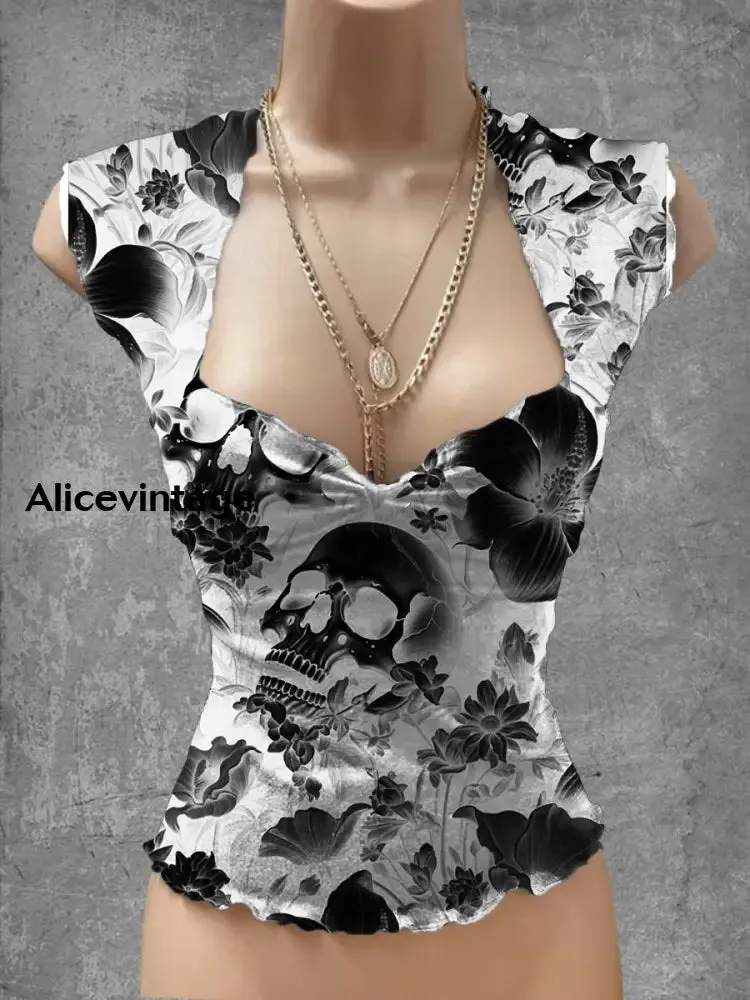 Punk Skull Art Print V-Neck Casual Top
