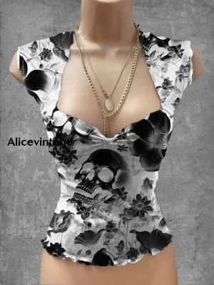 Punk Skull Art Print V-Neck Casual Top