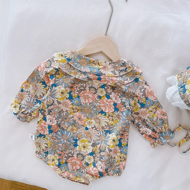 Pure Cotton Peter Pan Collar Romper With Hat Set 6M-18M