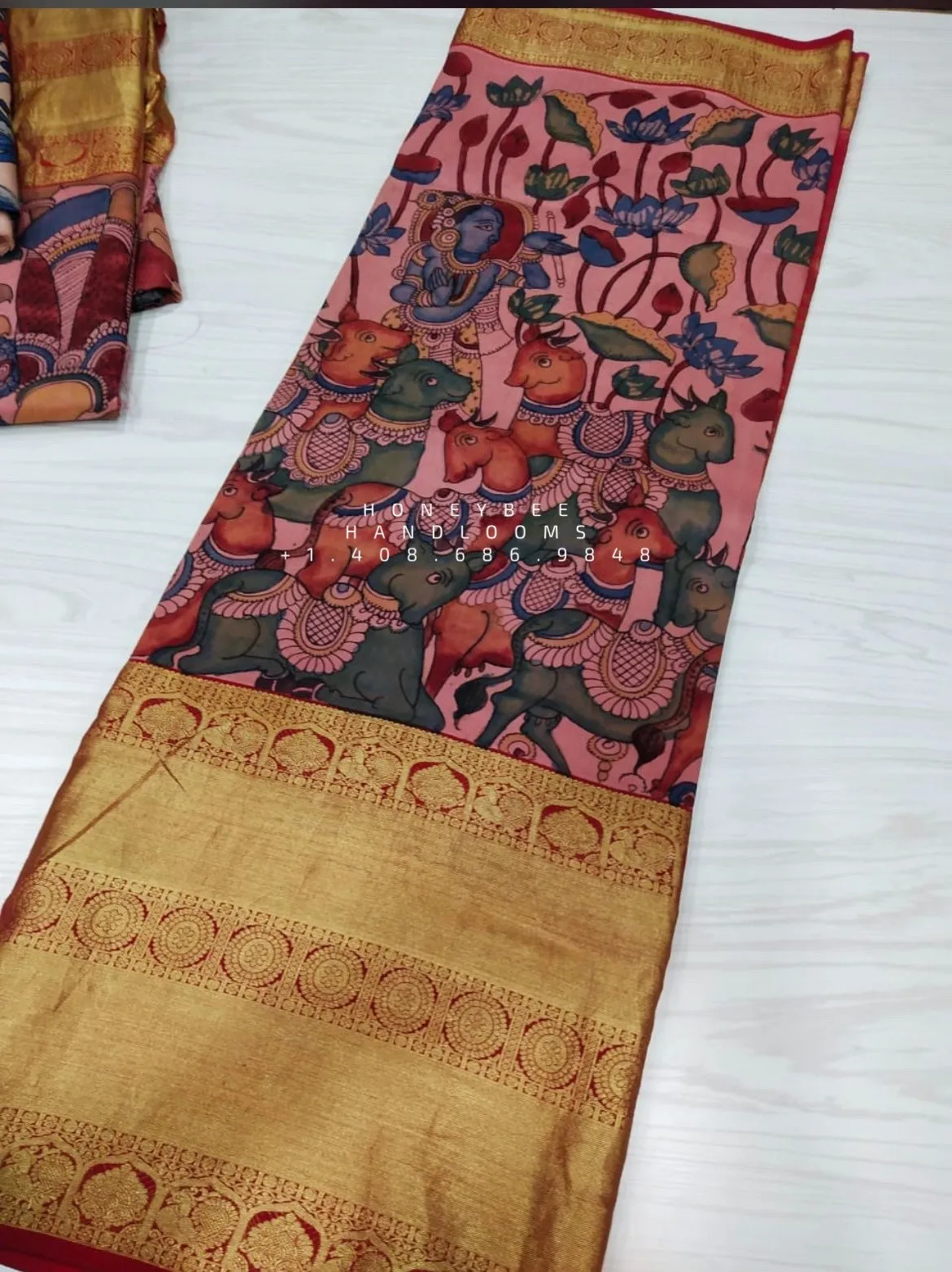 Pure kanchi pen kalamkari Saree in kanchi border | kanchi saree | Authentic pattu Saree | Handloom Saree | pattu saree - MTO -Honeybee