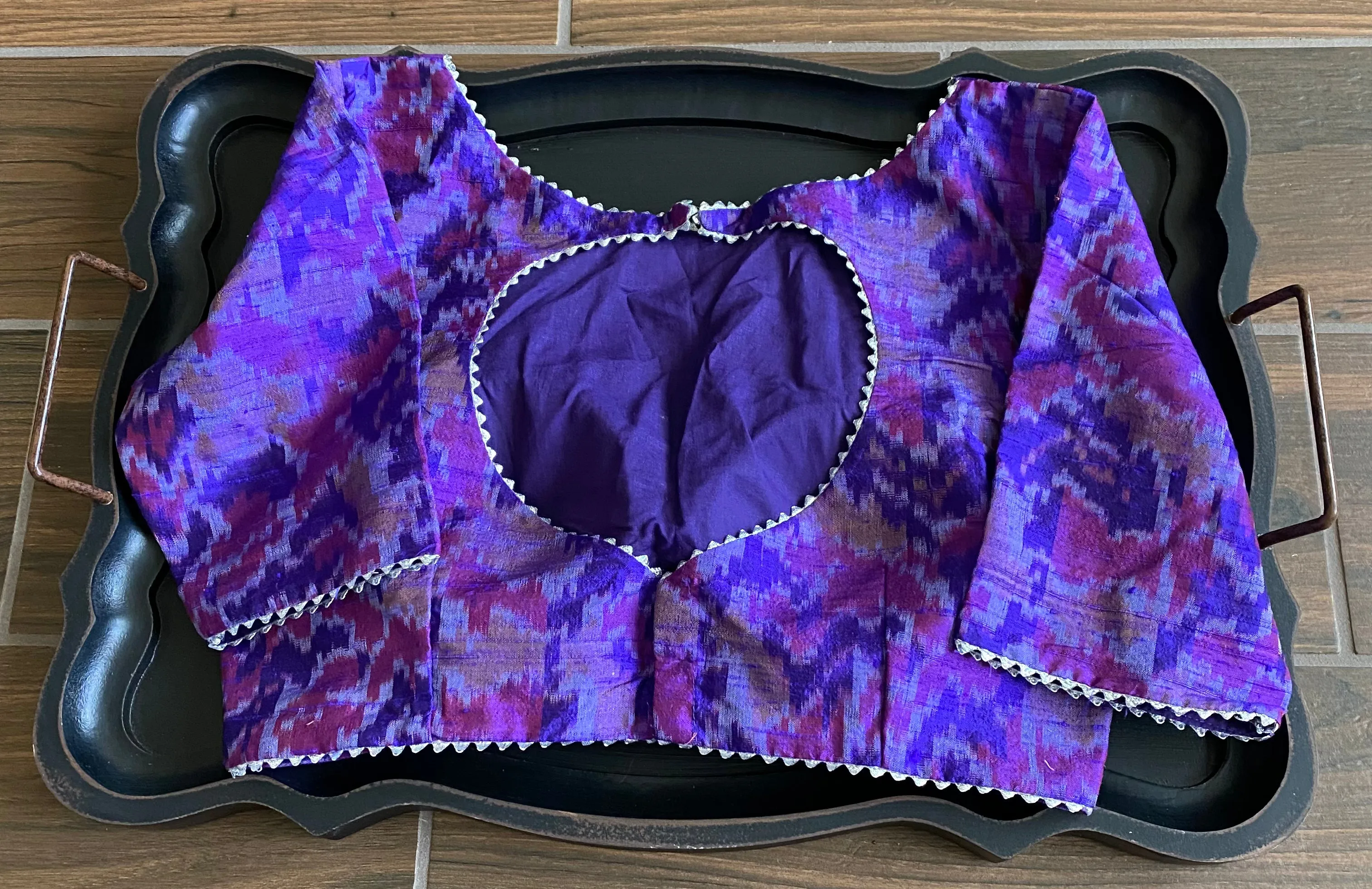 Pure Raw Silk Ikkat Blouse With Silver Gota Detailing