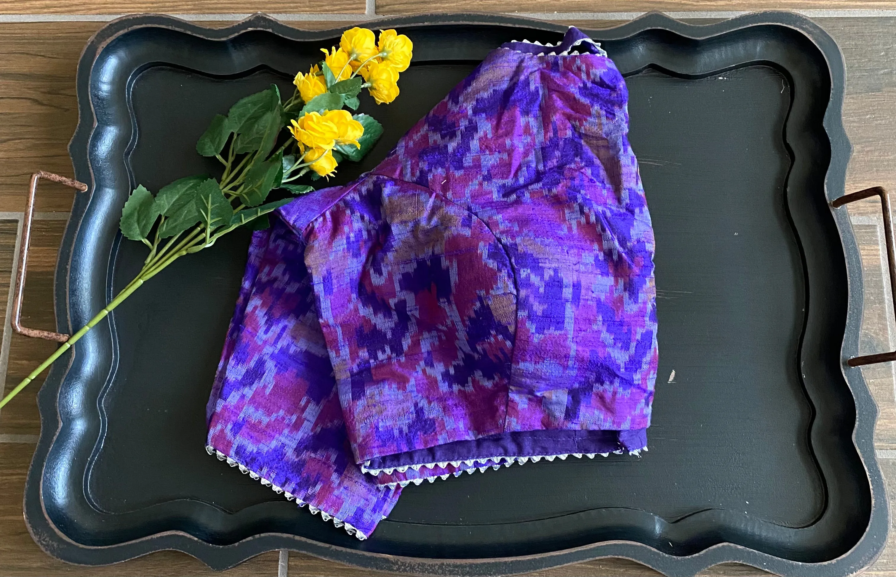 Pure Raw Silk Ikkat Blouse With Silver Gota Detailing