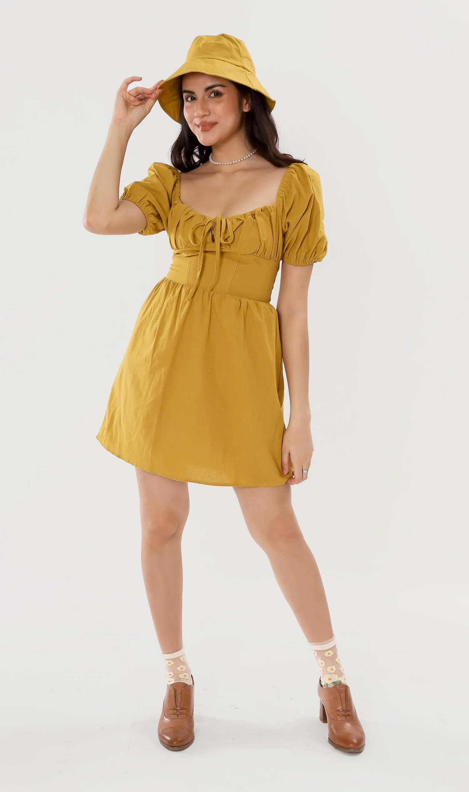 QUINCY Ruched Puff-Sleeve Dress w/ Hat (Mustard)