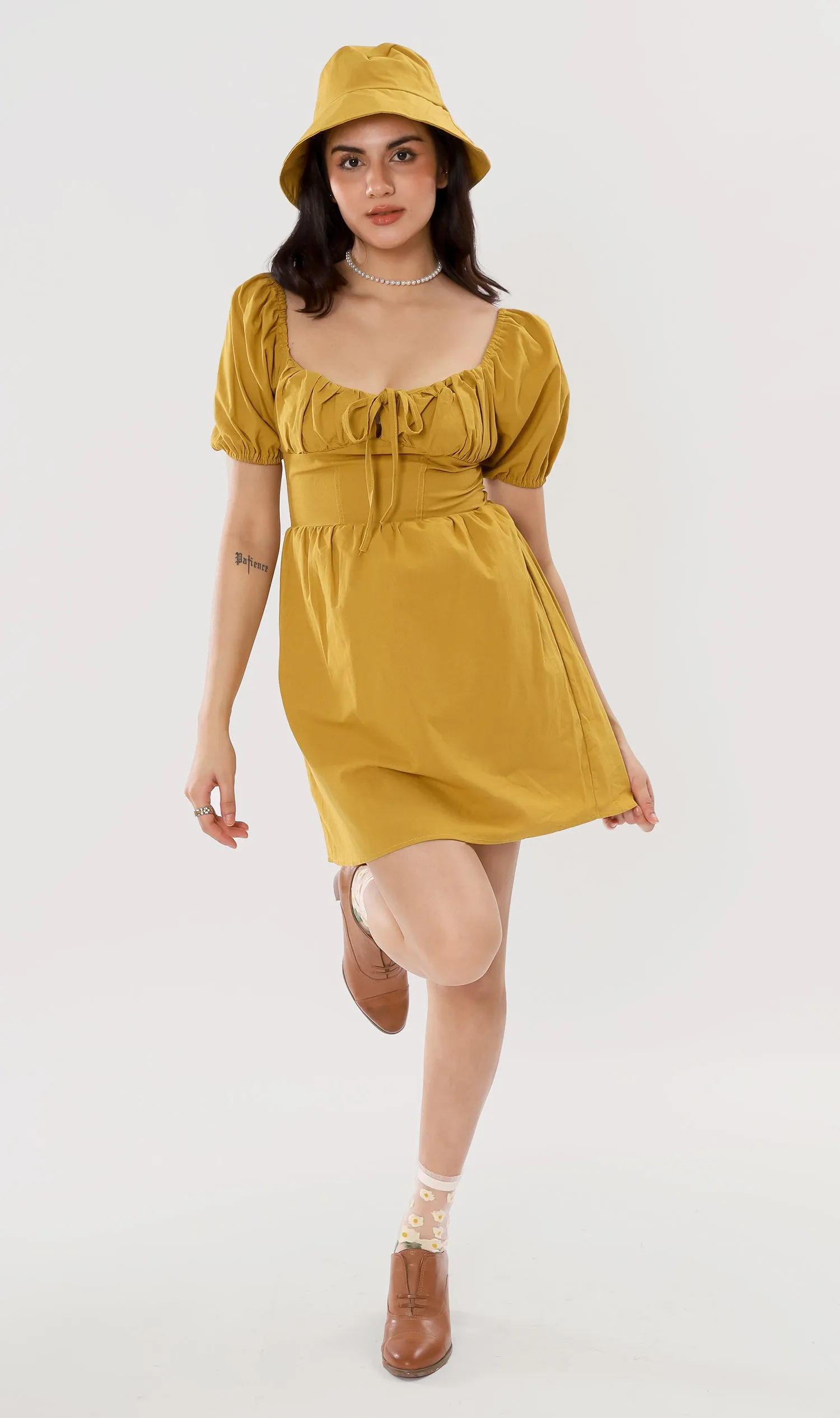 QUINCY Ruched Puff-Sleeve Dress w/ Hat (Mustard)