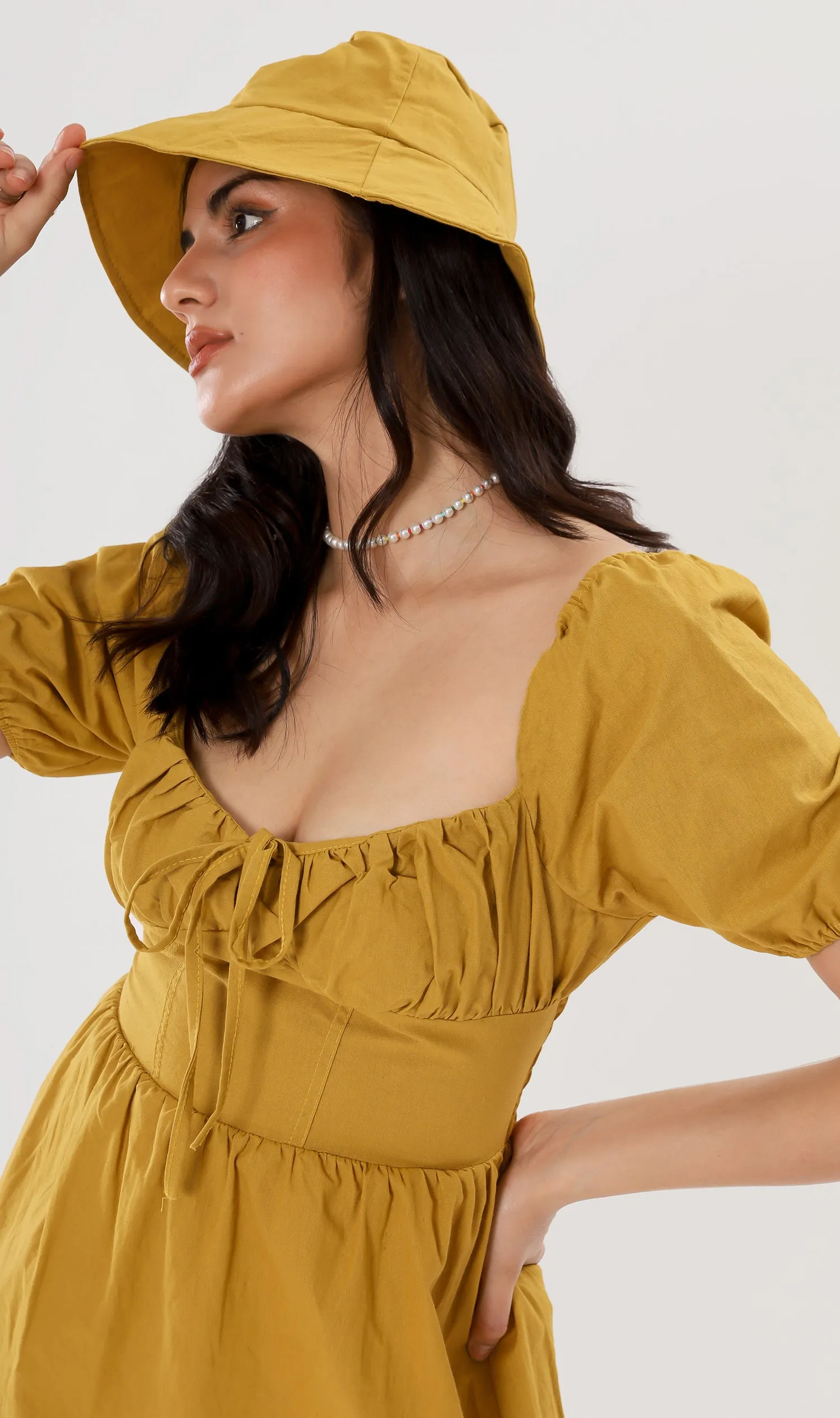 QUINCY Ruched Puff-Sleeve Dress w/ Hat (Mustard)