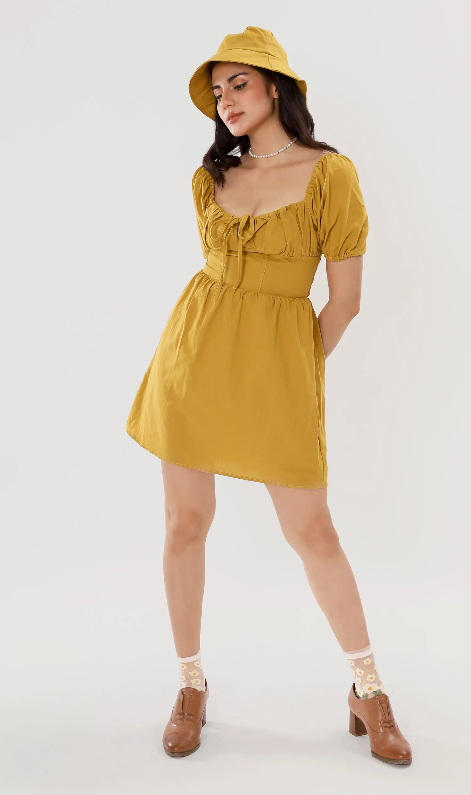 QUINCY Ruched Puff-Sleeve Dress w/ Hat (Mustard)