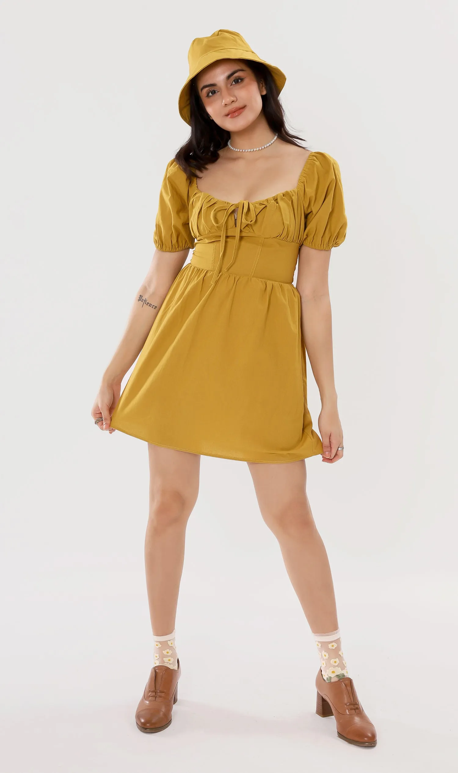 QUINCY Ruched Puff-Sleeve Dress w/ Hat (Mustard)